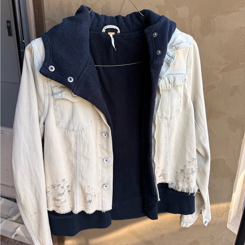 Free People Distressed Denim Jacket with Navy Hoodie